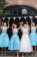 Load image into Gallery viewer, A-Line Boat Neck Blue Bridesmaid Dress with Lace