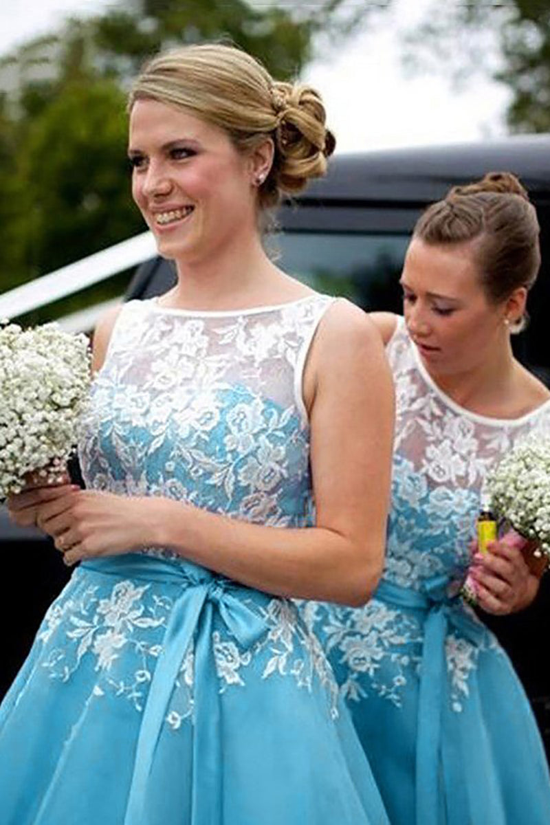 Load image into Gallery viewer, A-Line Boat Neck Blue Bridesmaid Dress with Lace