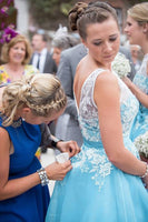 Load image into Gallery viewer, A-Line Boat Neck Blue Bridesmaid Dress with Lace