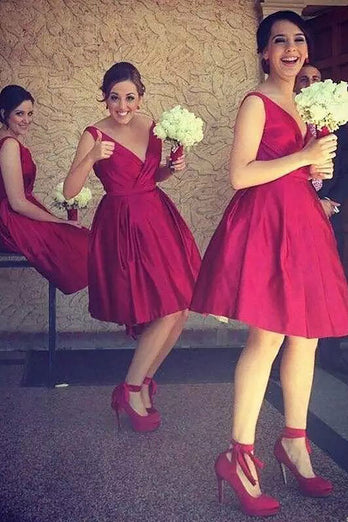 Red V-Neck Knee Length Bridesmaid Dress