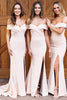 Load image into Gallery viewer, Mermaid Off The Shoulder Light Pink Long Bridesmaid Dress with Slit