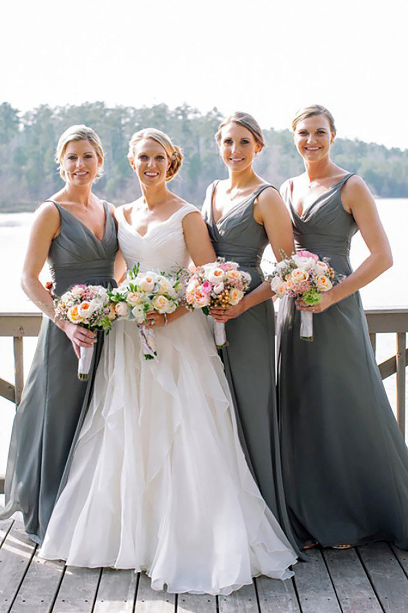 Load image into Gallery viewer, A-Line V-Neck Grey Green Bridesmaid Dress