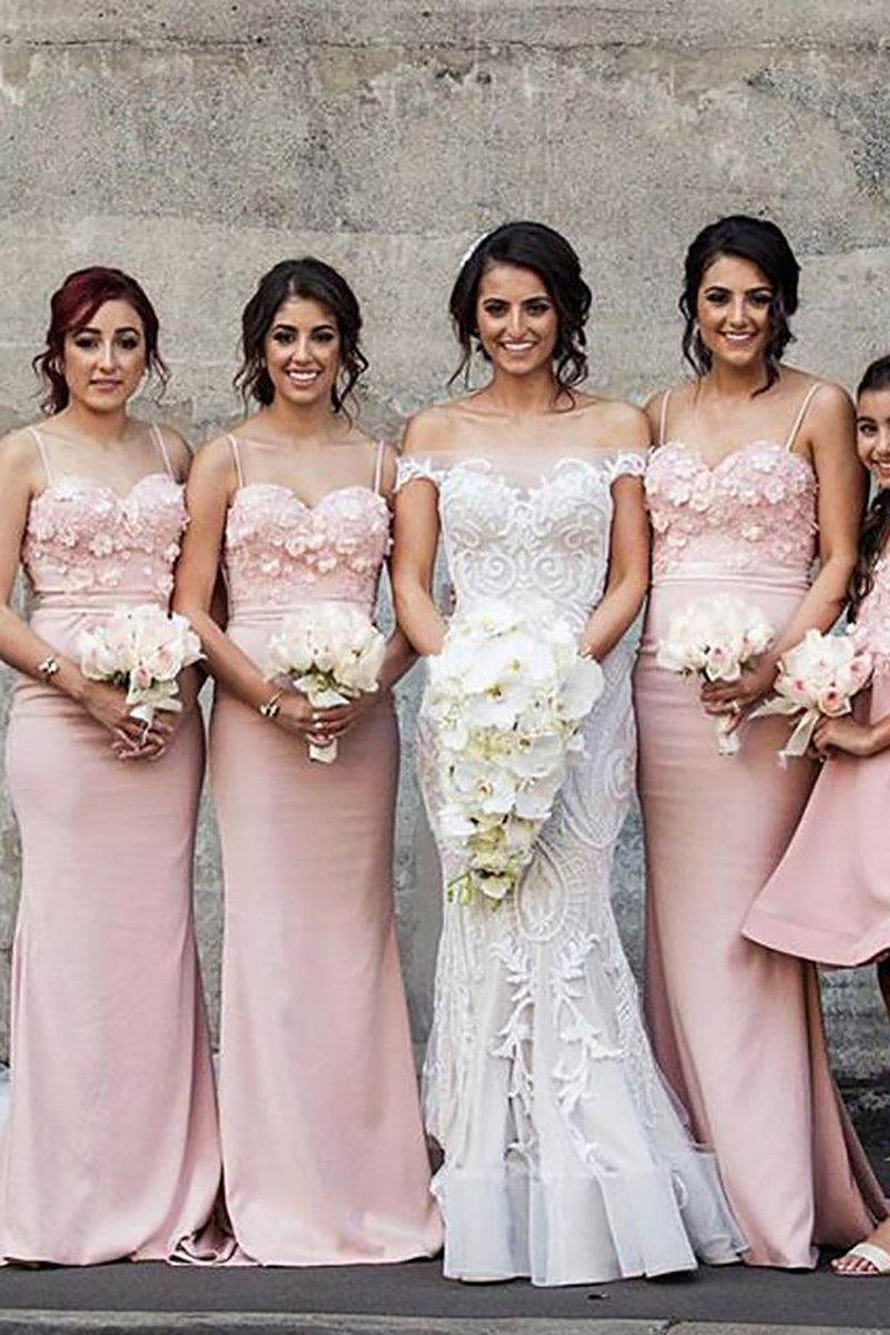 Load image into Gallery viewer, Spaghetti Straps Blush Bridesmaid Dress with Appliques