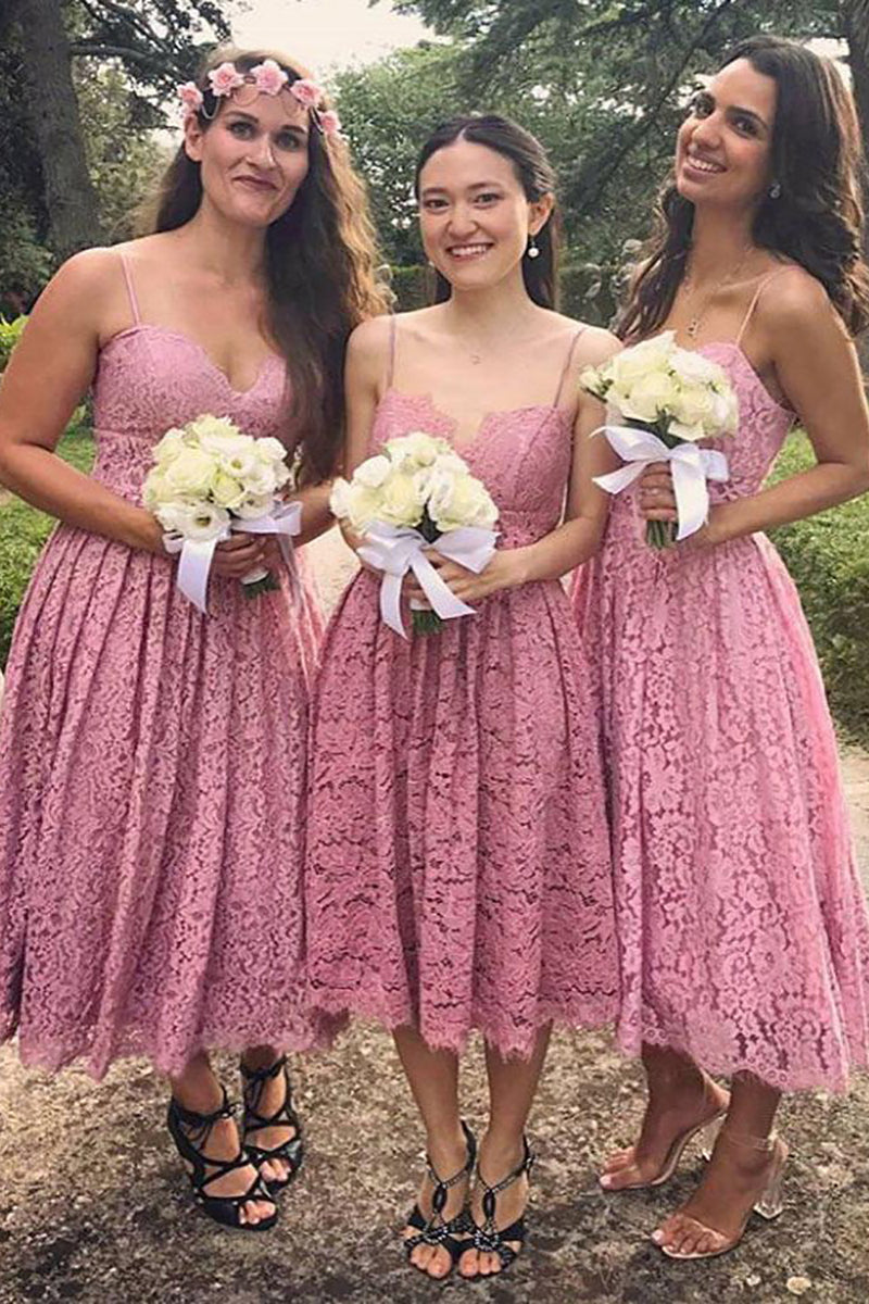 Load image into Gallery viewer, Lace Spaghetti Straps Pink Bridesmaid Dress
