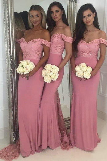 Mermaid Off The Shoulder Pink Bridesmaid Dress with Lace