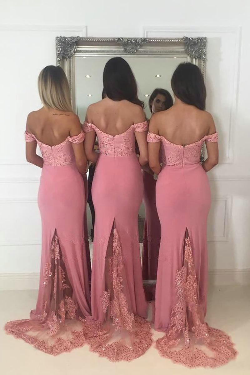 Load image into Gallery viewer, Mermaid Off The Shoulder Pink Bridesmaid Dress with Lace