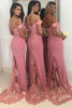 Load image into Gallery viewer, Mermaid Off The Shoulder Pink Bridesmaid Dress with Lace