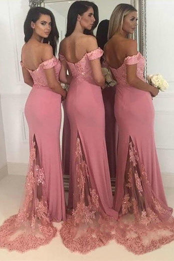 Mermaid Off The Shoulder Pink Bridesmaid Dress with Lace