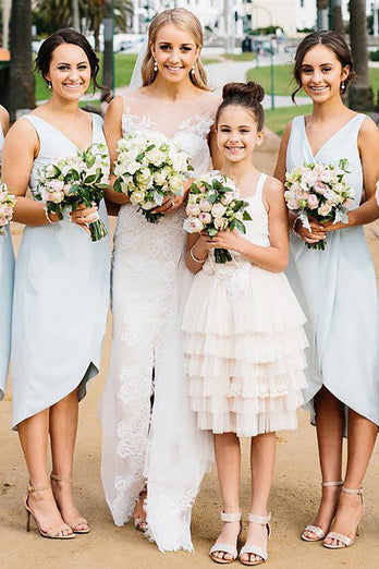 Simple V-Neck Light Blue Bridesmaid Dress