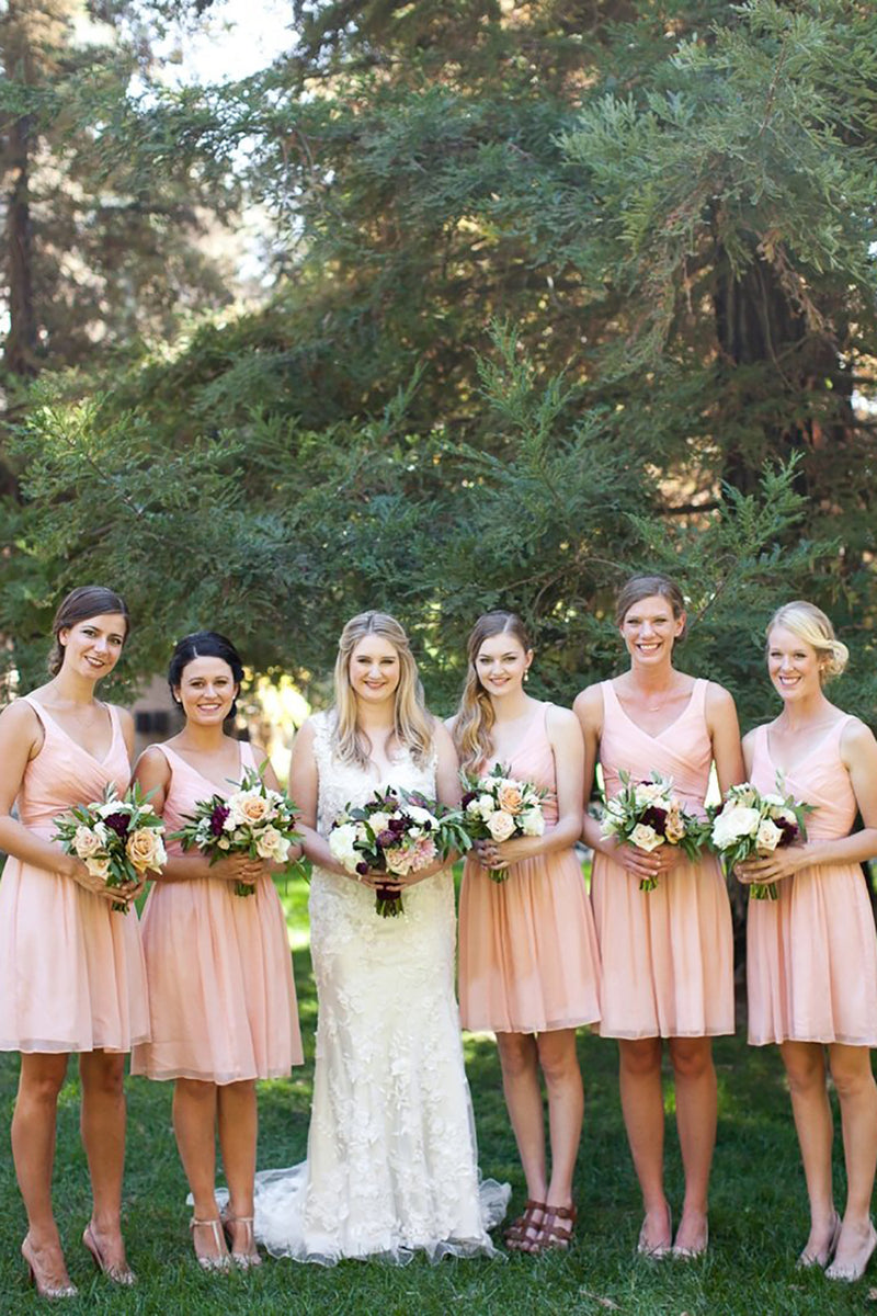 Load image into Gallery viewer, V-Neck Knee-Length Blush Bridesmaid Dress