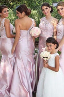 Load image into Gallery viewer, One Shoulder Mermaid Pink Long Bridesmaid Dress with Button