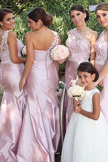 One Shoulder Mermaid Pink Long Bridesmaid Dress with Button