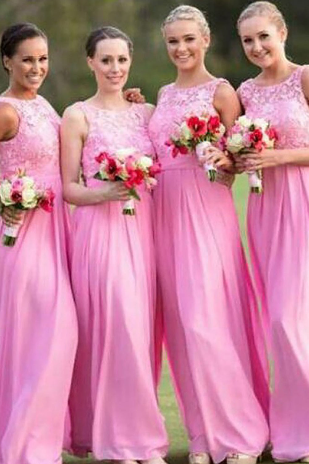 Boat Neck Pink Long Bridesmaid Dress with Lace