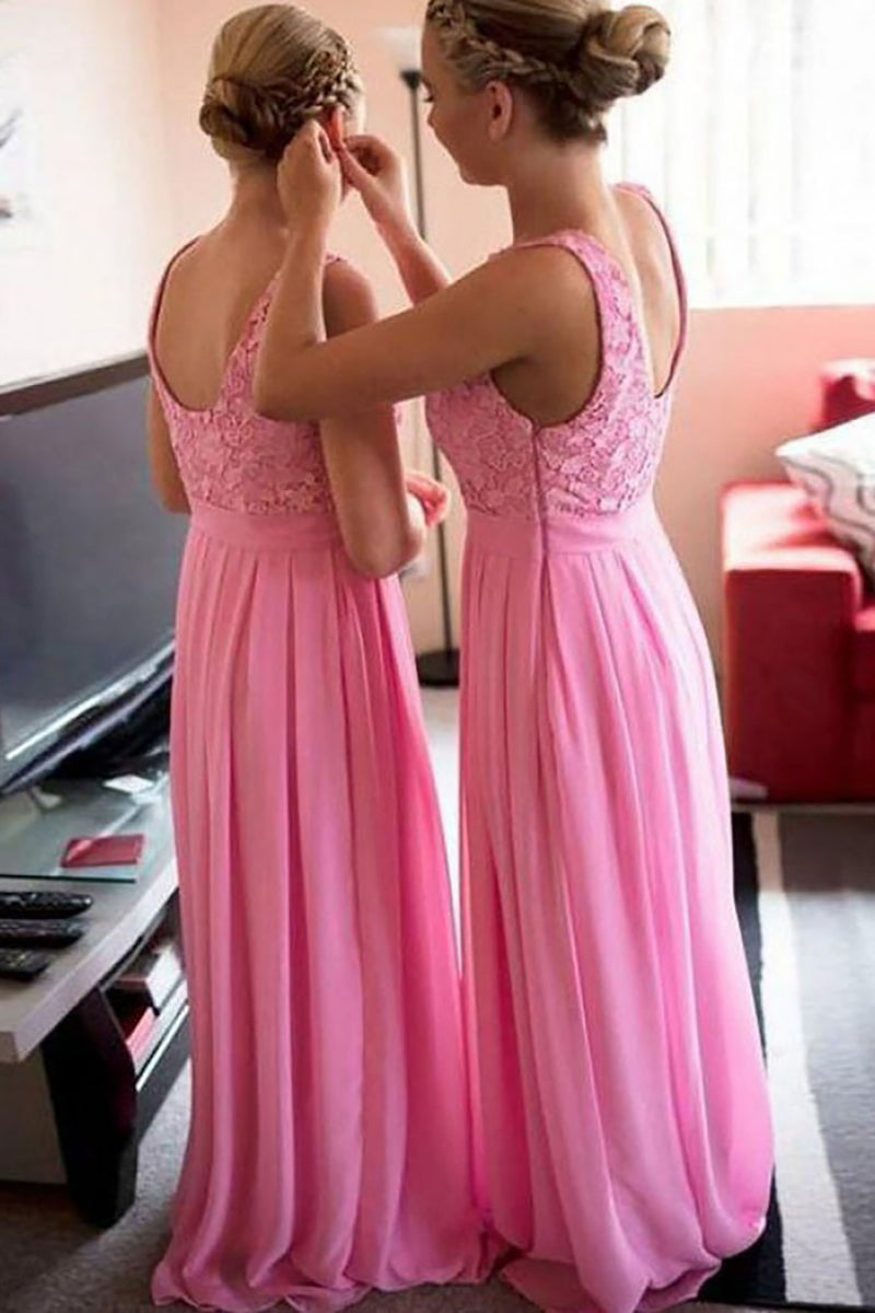 Load image into Gallery viewer, Boat Neck Pink Long Bridesmaid Dress with Lace