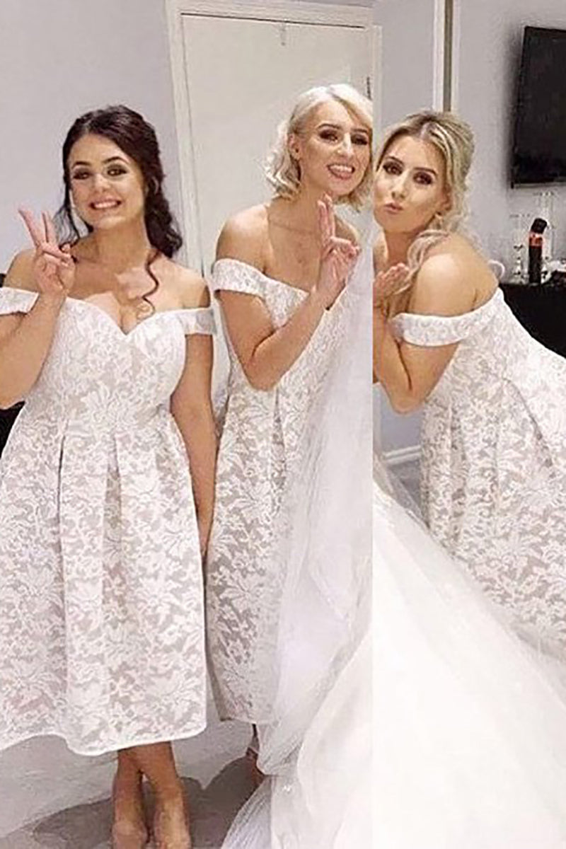 Load image into Gallery viewer, Off The Shoulder White Lace Bridesmaid Dress