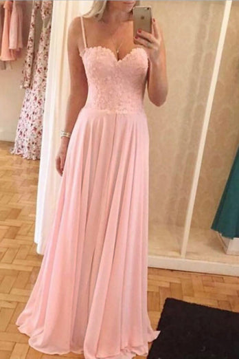 Spaghetti Straps Pink Long Bridesmaid Dress