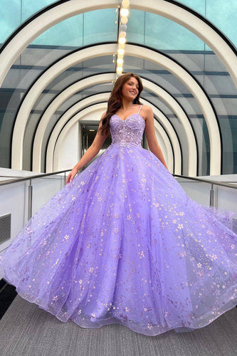 Women Sparkly Lilac Long Prom Dress with Lace A-Line Spaghetti Straps Evening Dress with Flowers