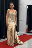 Load image into Gallery viewer, Women Glitter Champagne Corset satin Long Prom Dress With Lace Mermaid Party Dress with Slit