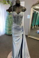 Load image into Gallery viewer, Glitter Mermaid Silver Long Corset Prom Dress with Slit