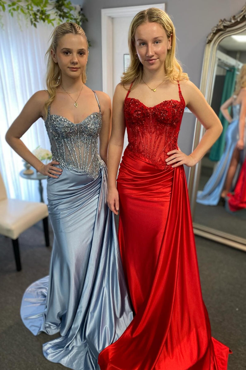 Load image into Gallery viewer, Women Glitter Dusty Blue Corset Satin Long Prom Dress With Lace Mermaid Party Dress with Slit