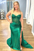 Load image into Gallery viewer, Women Glitter Emerald Green Corset Satin Long Prom Dress With Lace Mermaid Party Dress with Slit