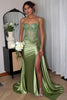Load image into Gallery viewer, Women Glitter Green Corset Satin Long Prom Dress With Lace Mermaid Party Dress with Slit
