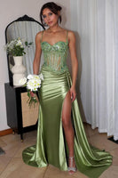 Load image into Gallery viewer, Women Glitter Green Corset Satin Long Prom Dress With Lace Mermaid Party Dress with Slit