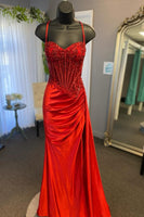 Load image into Gallery viewer, Women Glitter Red Corset Satin Long Prom Dress With Lace Mermaid Party Dress with Slit