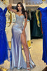 Load image into Gallery viewer, Women Glitter Sliver Corset Satin Long Prom Dress With Lace Mermaid Party Dress with Slit