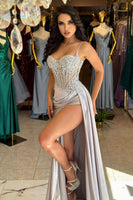 Load image into Gallery viewer, Glitter Mermaid Silver Long Corset Prom Dress with Slit
