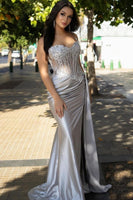 Load image into Gallery viewer, Glitter Mermaid Silver Long Corset Prom Dress with Slit
