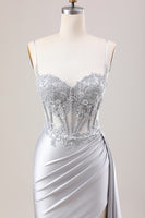 Load image into Gallery viewer, Glitter Mermaid Silver Long Corset Prom Dress with Slit