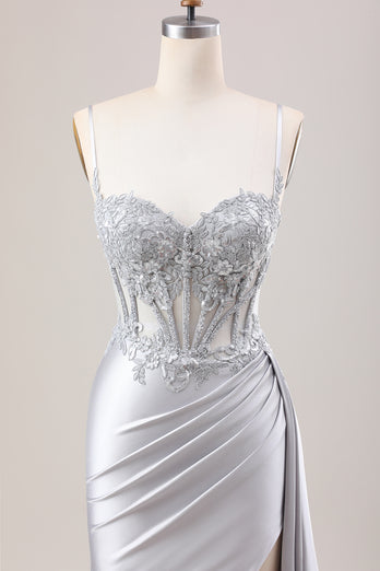 Glitter Mermaid Silver Long Corset Prom Dress with Slit