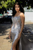 Load image into Gallery viewer, Glitter Mermaid Silver Long Corset Prom Dress with Slit
