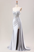 Load image into Gallery viewer, Glitter Mermaid Silver Long Corset Prom Dress with Slit
