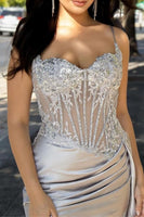 Load image into Gallery viewer, Glitter Mermaid Silver Long Corset Prom Dress with Slit