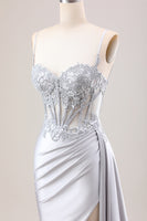 Load image into Gallery viewer, Glitter Mermaid Silver Long Corset Prom Dress with Slit