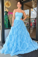 Load image into Gallery viewer, Light Blue Princess Tulle Long Ruffled Prom Dress