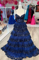 Load image into Gallery viewer, Sparkly Black Corset Lace Ruffled Long Prom Dress
