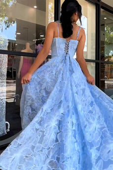 Light Blue Princess Spaghetti Straps Long Prom Dress with Appliques
