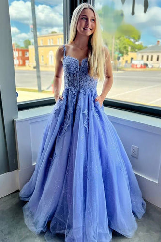 Sparkly Purple Corset A-Line Long Prom Dress with Pockets
