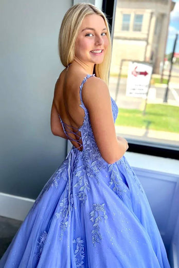 Sparkly Purple Corset A-Line Long Prom Dress with Pockets