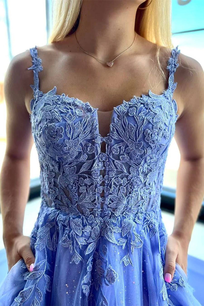 Load image into Gallery viewer, Sparkly Purple Corset A-Line Long Prom Dress with Pockets