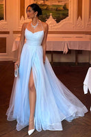 Load image into Gallery viewer, Sky Blue A-Line Tulle Long Prom Dress with Slit