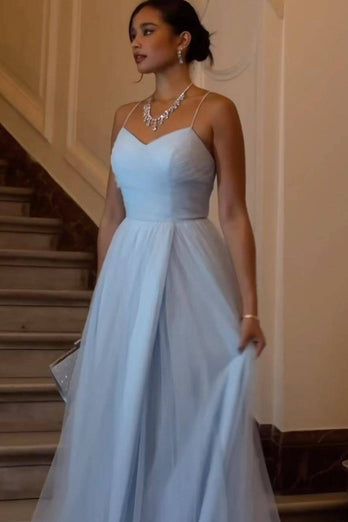 Sky Blue A-Line Tulle Long Prom Dress with Slit