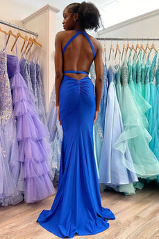 Royal Blue Mermaid Halter Long Prom Dress