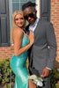 Load image into Gallery viewer, Sparkly Mint Mermaid Beaded Satin Long Prom Dress with Slit