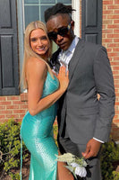 Load image into Gallery viewer, Sparkly Mint Mermaid Beaded Satin Long Prom Dress with Slit