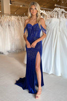 Load image into Gallery viewer, Sparkly Dark Navy Corset Long Prom Dress with Fringes