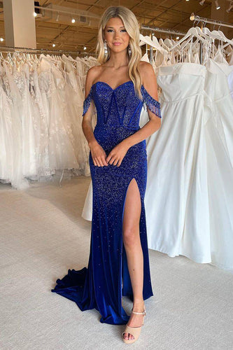 Sparkly Dark Navy Corset Long Prom Dress with Fringes